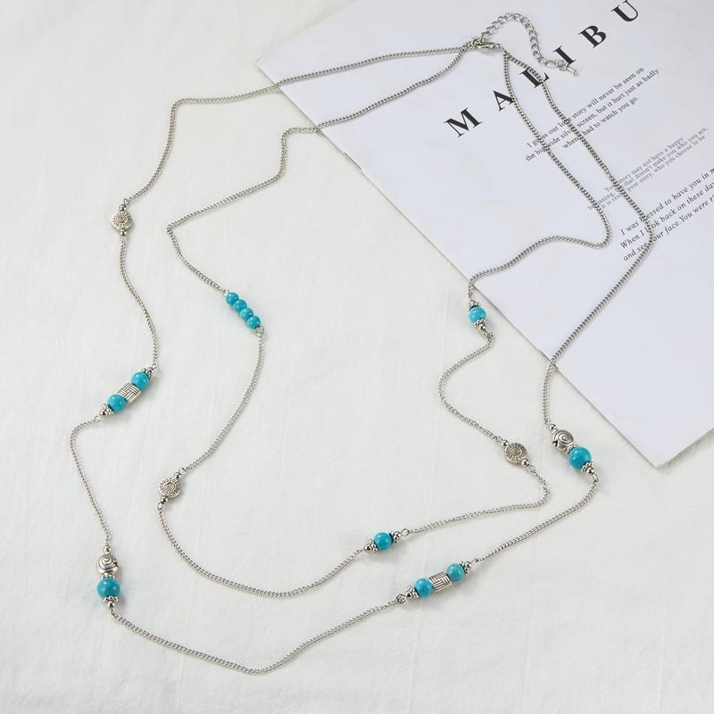 BULINLIN Layered Silver Long Necklace for Women Turquoise Stone Beaded Strand Sweater Chain Necklaces Fashion Costume Jewelry Gifts for Mom - Image 3